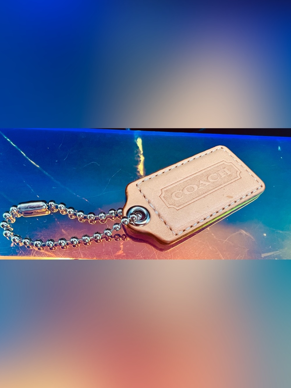 Coach Beige Leather Hang Tag Keychain with Silver Ball Chain 2.5” EUC
